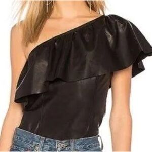 A.L.C. Black Davos Leather Top One Shoulder Ruffle